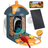 Minikey blue smart bird feeder front view showing camera and feeding tray benefit: clear 2K observation