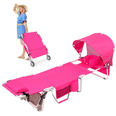 Minndudu front view showing open pink tanning chair and portability benefit