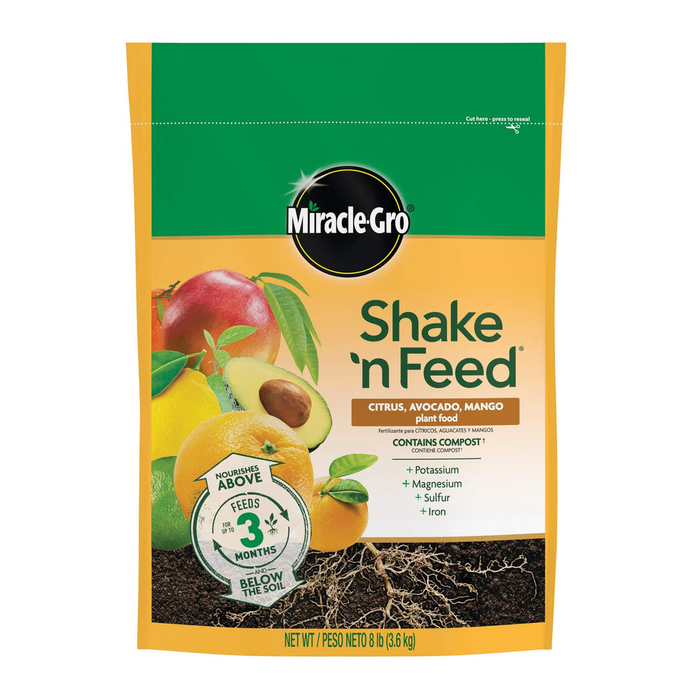 Miracle-Gro front packaging showing citrus avocado mango formula, clear feeding benefits
