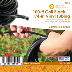 Mister Landscaper coiled 100-ft tubing beside ruler showing scale for long-run irrigation planning