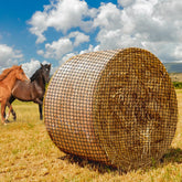 MIYABALA front view of packaged 5x5 hay net showing product and benefits