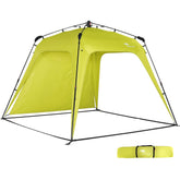 Mobihome front view canopy showing full shaded area and quick setup benefit