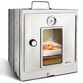 Modern Innovations front view of portable camping oven showing compact design and door benefit