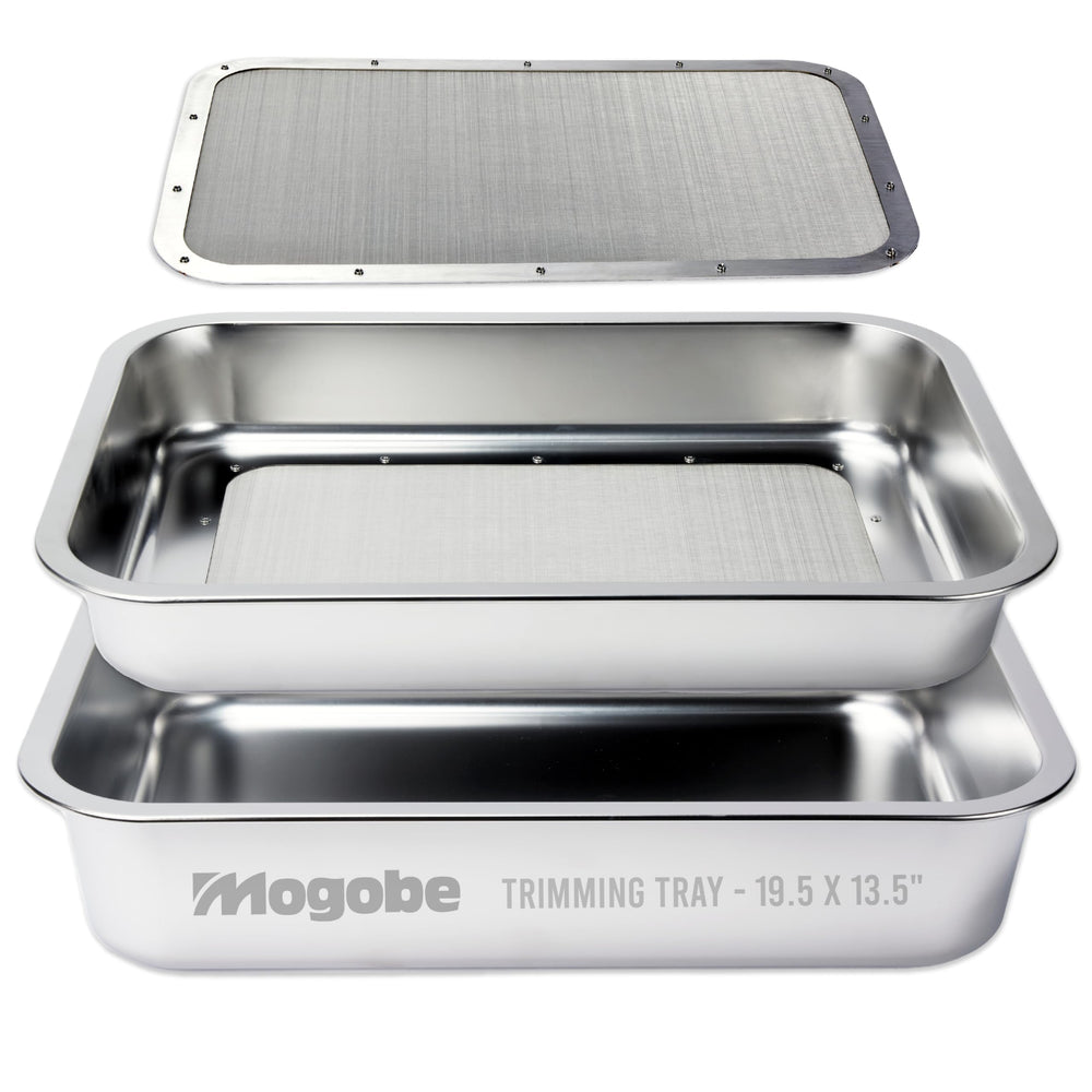 Mogobe front view of stainless steel trimming tray showing durable build and benefit