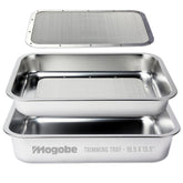 Mogobe front view of stainless steel trimming tray showing durable build and benefit