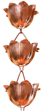 Monarch Rain Chains front view showing pure copper lotus cups and elegant profile enhancing curb appeal