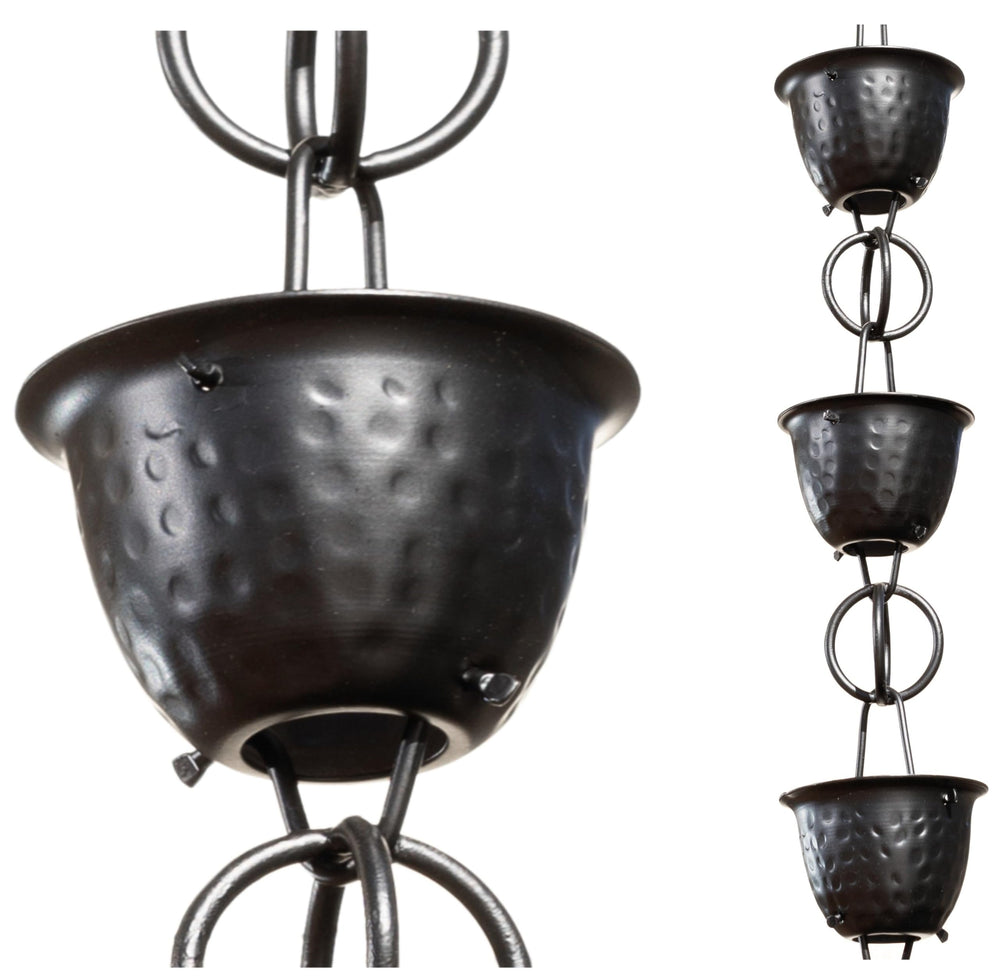 Monarch Rain Chains front view of matte-black hammered cups and elegant water control