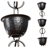 Monarch Rain Chains front view of matte-black hammered cups and elegant water control