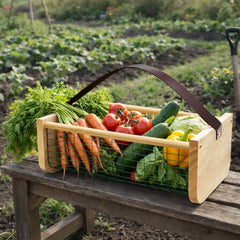 Montex front view harvest basket showing sturdy wood ends and open top for quick picking
