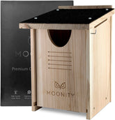 Moonity front view of cedar owl house showing secure entrance and natural finish for shelter