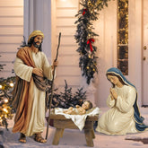 MorningRo front view of three-piece metal nativity set showing clear yard focal point