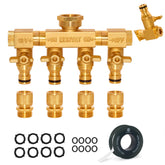 Morvat front view of 4-way brass splitter showing four outlets and handles for versatile watering