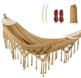 MOSFiATA front view of khaki hammock showing full length and tassels for stylish lounging