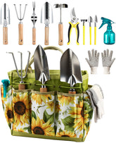 MOSFiATA front view showing all 12 tools and tote for organized gardening