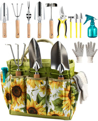 MOSFiATA front view showing all 12 tools and tote for organized gardening