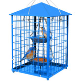 Mosloly front view of caged bluebird feeder showing protected feeding area and benefit of pest control