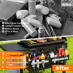 mossime storage tray filled with sauce bottles and seasonings benefit: frees side shelves