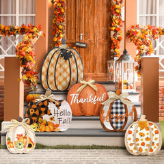 Moucuny front packaging showing six pumpkin porch signs and included hooks for easy display