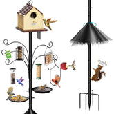 MQHUAYU front view of assembled 108-inch bird feeder pole showing multiple hooks and accessories, attracts more birds