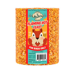 Mr. Bird front view of Flaming Hot Feast cylinder shows product and benefits
