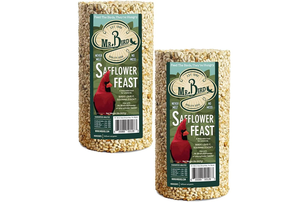 mr. bird safflower cylinder front view showing neat packaging and clean feeder-ready design