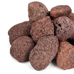 Mr. Fireglass bag of red lava rock granules showing product packaging and benefit - easy heat media