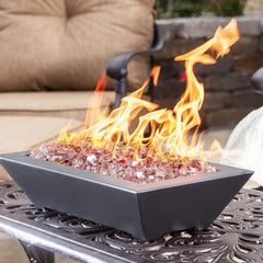 Mr. Fireglass in firepit with flames showing enhanced color and warmth
