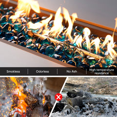 Mr. Fireglass in firepit with flames showing enhanced flame color and depth