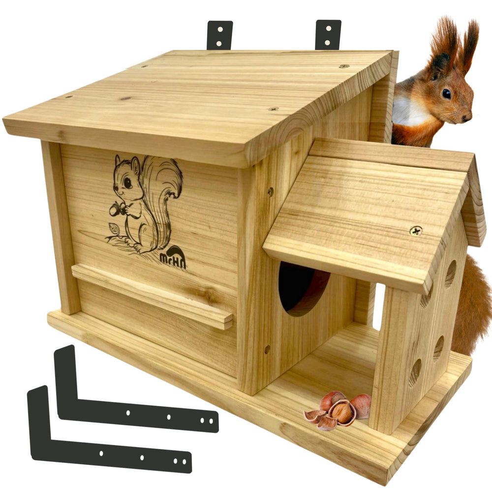 MRHN front view of fir squirrel house showing natural curb appeal and safe shelter