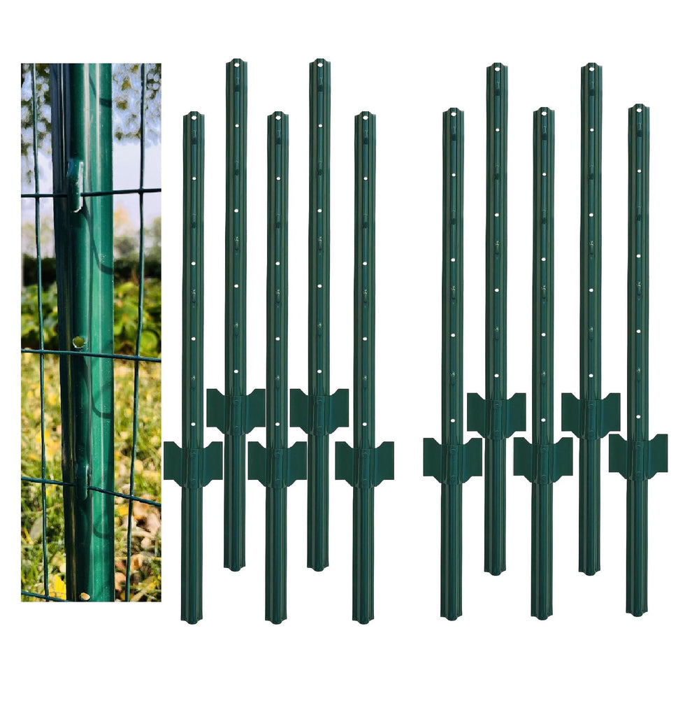 MTB Supply front view of ten green U-channel fence posts showing package contents and neat finish
