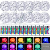 Mudder front packaging showing 12 submersible lights and remotes, easy setup benefit