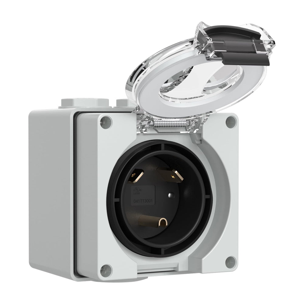 Muelnmey front view inlet box showing weatherproof protection and secure plug access