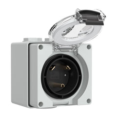 Muelnmey front view inlet box showing weatherproof protection and secure plug access