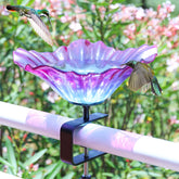MUMTOP front view of deck-mounted bird bath showcasing clear glass bowl and bracket, attractive display
