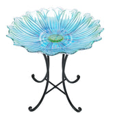 MUMTOP front view blue glass bird bath shows garden-ready color and charm