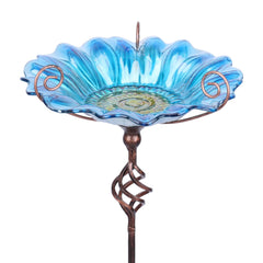 MUMTOP front view of blue glass bird bath showing decorative bowl and stake, adds color