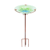MUMTOP front view of the green glass bird bath showing decorative appeal and inviting water