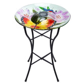 MUMTOP front view of glass bird bath showing bowl and stand, enhances garden decor