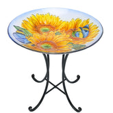 MUMTOP front view glass birdbath shows sunflower design and stable stand benefit