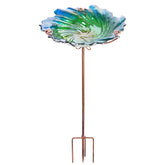 MUMTOP front view of green glass bird bath adding decorative appeal