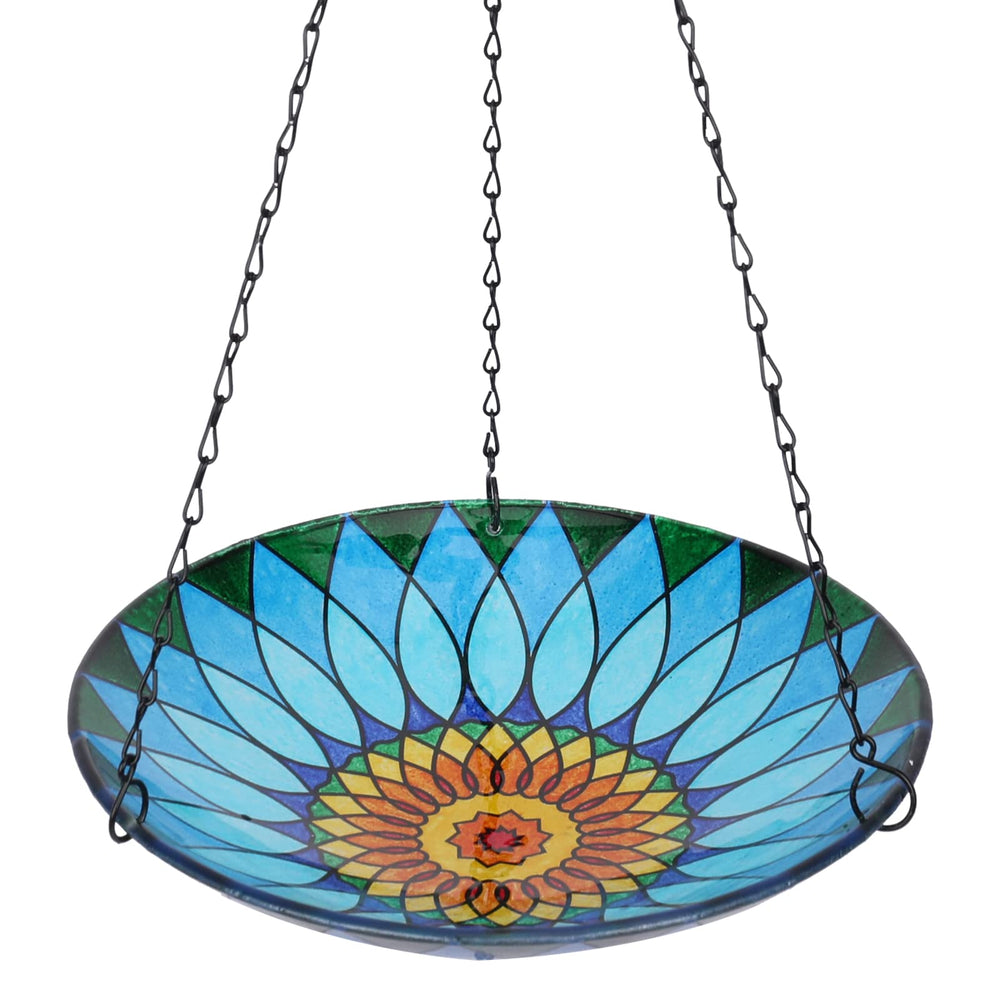MUMTOP front view of hanging bird bath showing colorful bowl and chain attracting birds