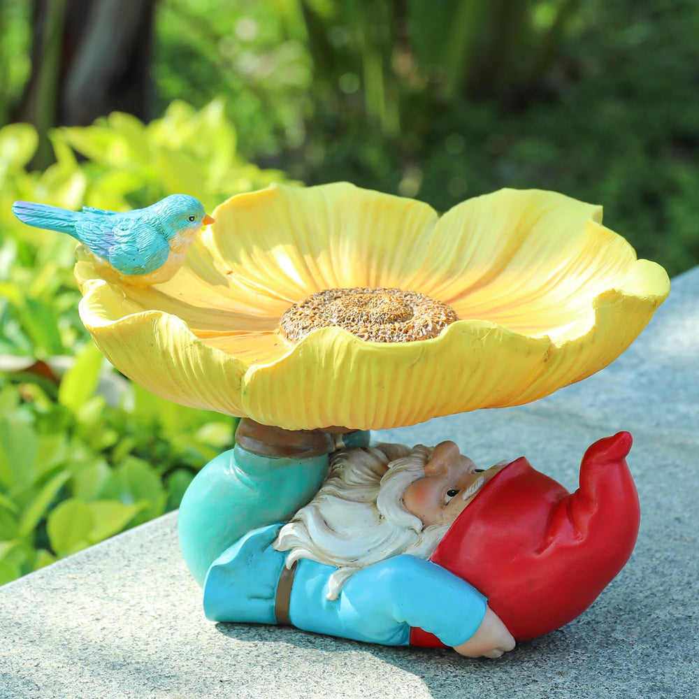 MUMTOP front view sunflower gnome bird bath showing decorative appeal and charm