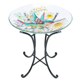 MUMTOP glass bird bath front view showing basin and stand, adds garden charm