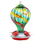 Muse Garden front view of rainbow spirit feeder showing colorful blown glass attracting birds