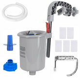 MUWOOB front view of wall-mount skimmer showing secure clamp and basket protecting pump