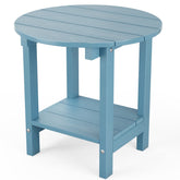 MXIMU front view of blue round table showing compact outdoor styling and durable look