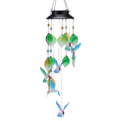 MYCRLIFE front view of wind chime showing hummingbirds and glass leaves, decorative curb appeal