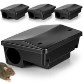 Mysora front view of four black bait stations showing compact protective housings and secure design benefit