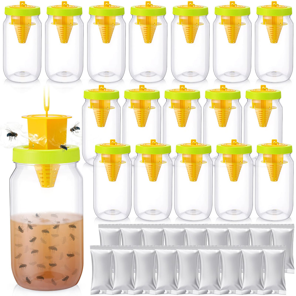 Mysora front view pack showing three reusable fly trap bottles and ropes for coverage