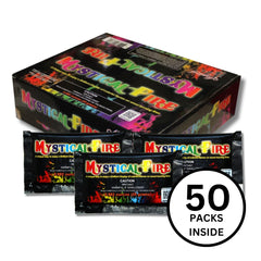 Mystical Fire open box displaying neatly arranged color changing packets for convenience